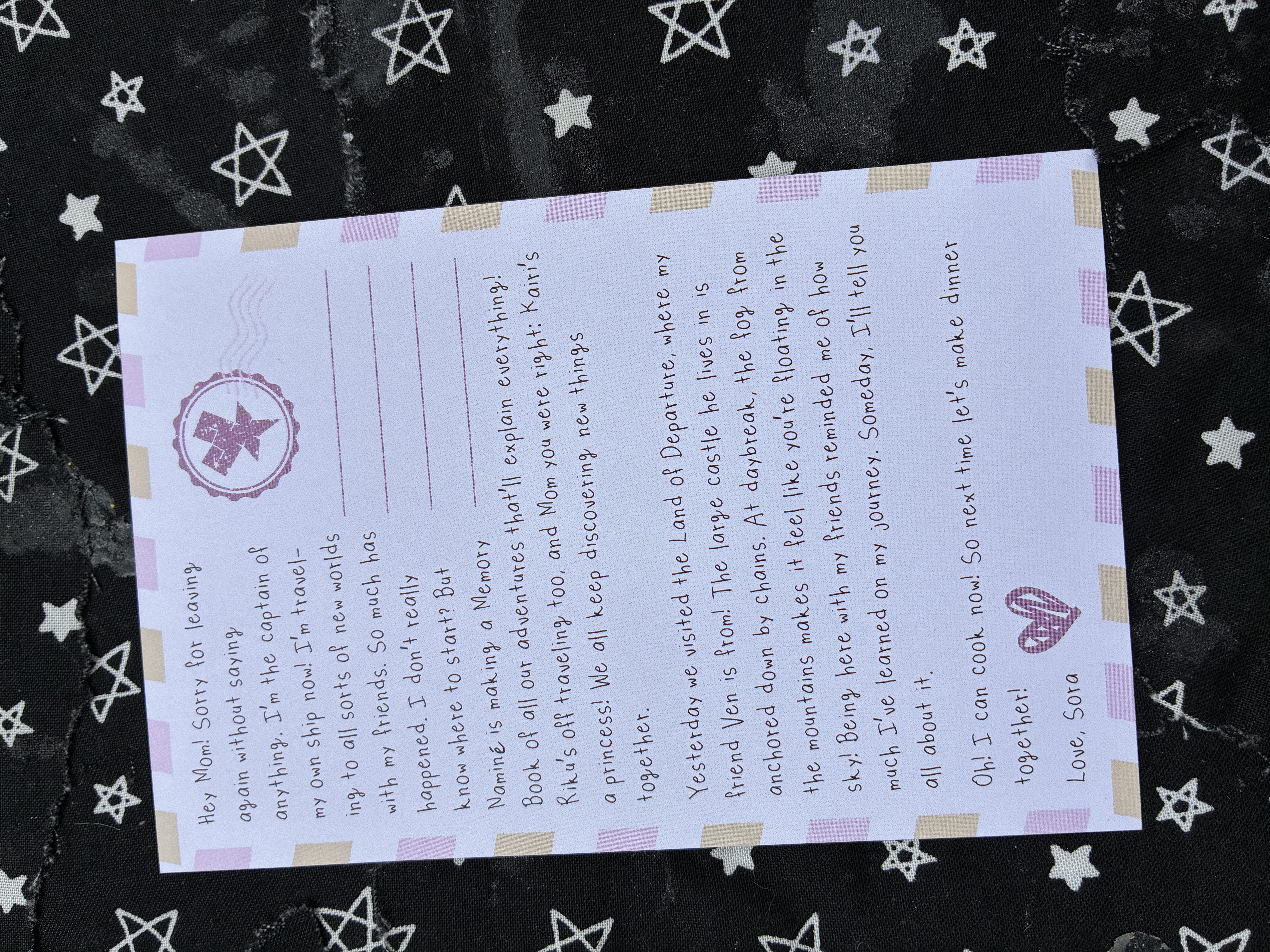 Postcard of Kingdom hearts Sora's letter to his mom.